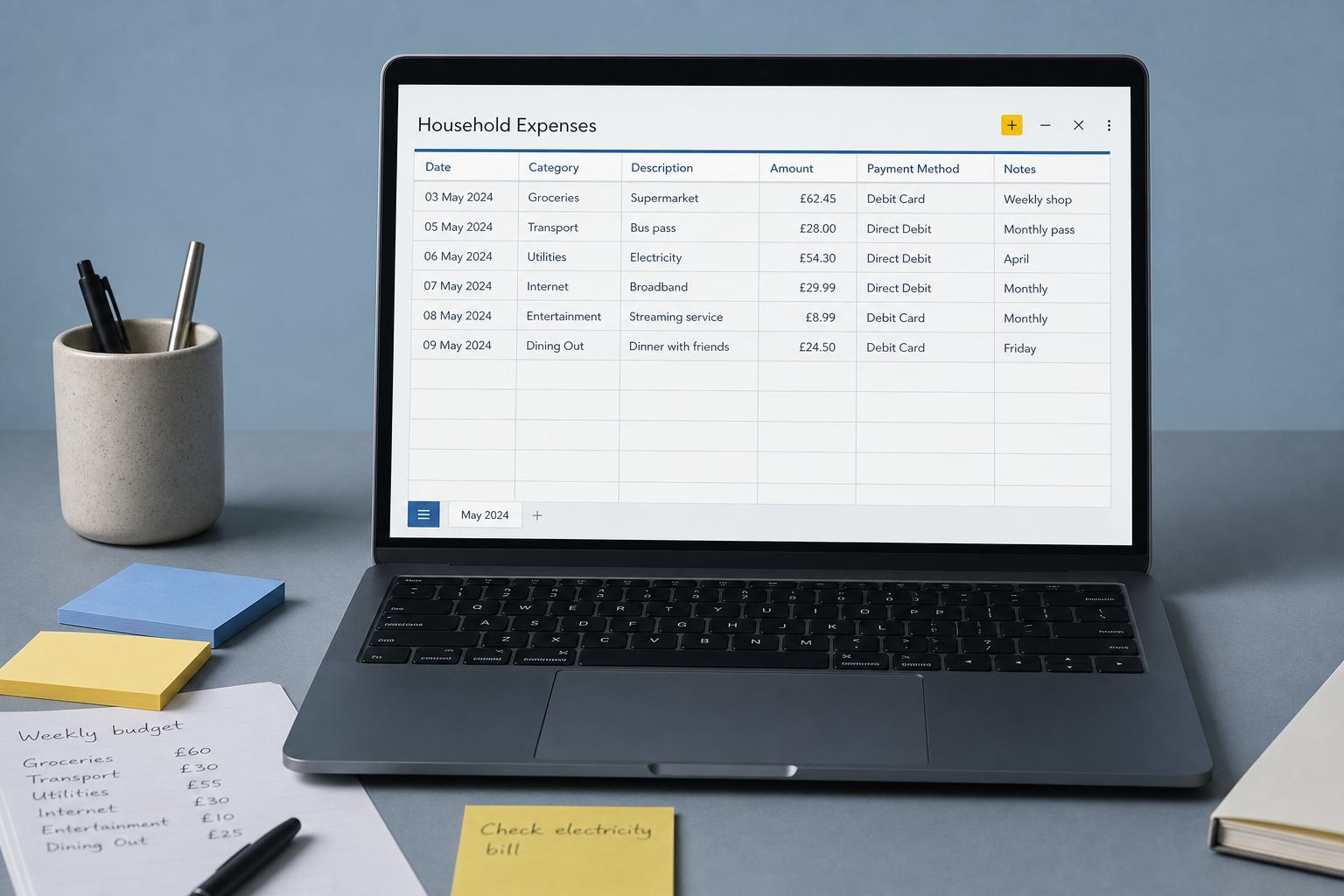 Einfache digitale Tabelle mit klaren Spalten auf einem Laptop neben Notizpapier