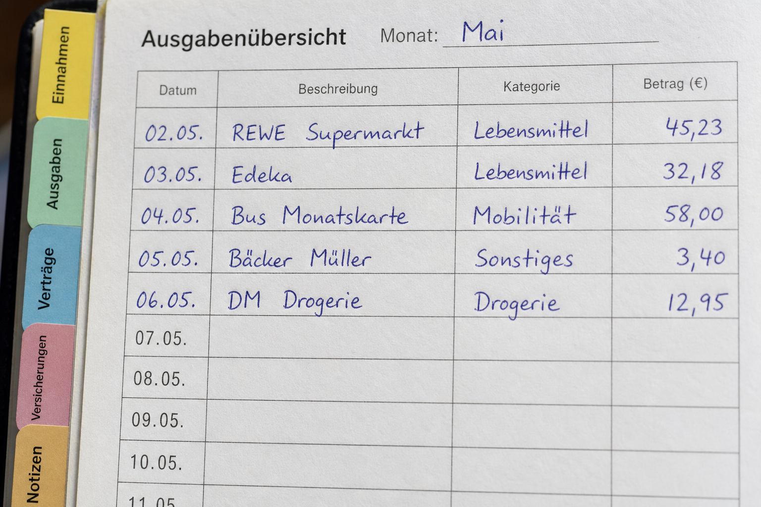 Handschriftlich ausgefülltes Haushaltsformular mit farbigen Seitenmarkierungen