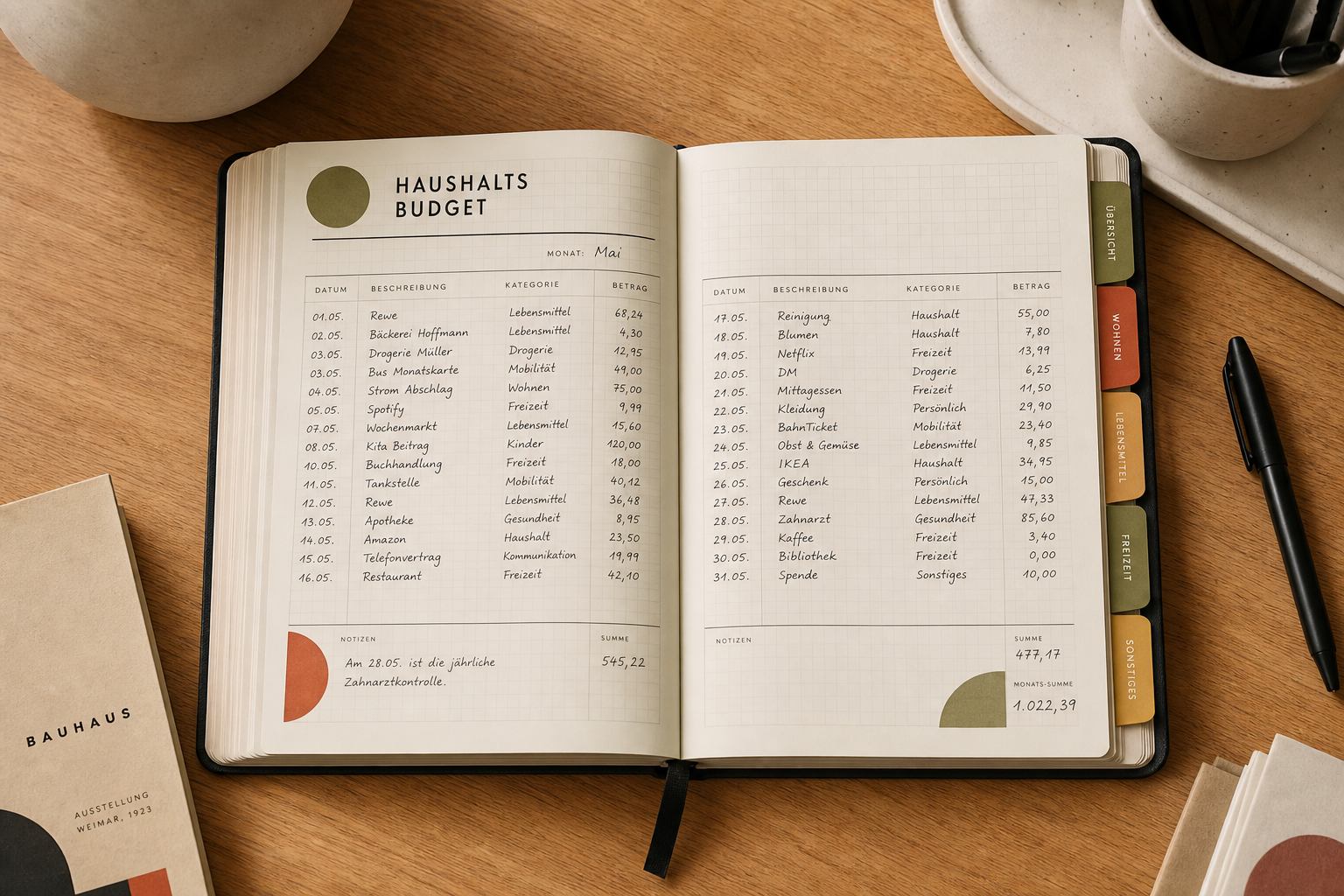Offenes Haushaltsjournal mit karierten Zeilen und farbigen Registermarken auf einem Schreibtisch