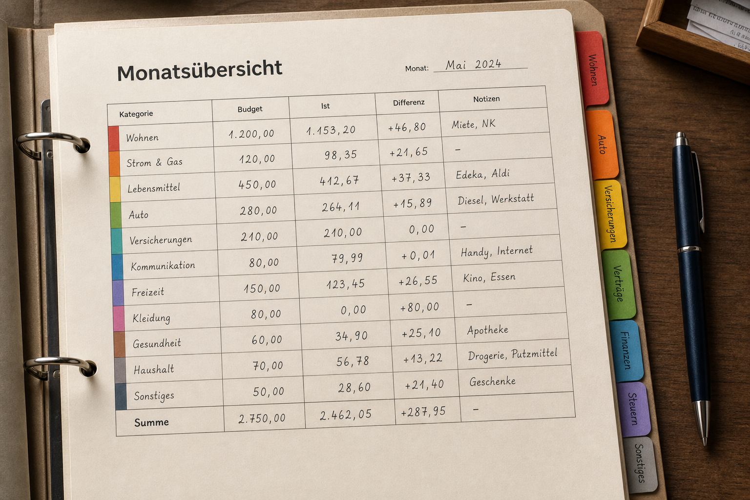 Monatsübersicht mit Kategorieblöcken und handgeschriebenen Summen auf Formularpapier