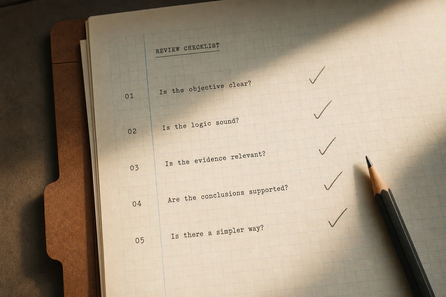 Checkliste auf kariertem Papier mit Häkchen und Farbstift neben einem Haushaltsjournal